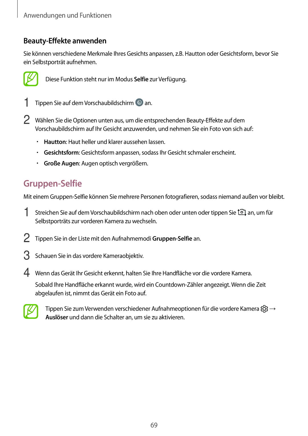 Samsung SM-T390NZKAATO manual Gruppen-Selfie, Beauty-Effekte anwenden 