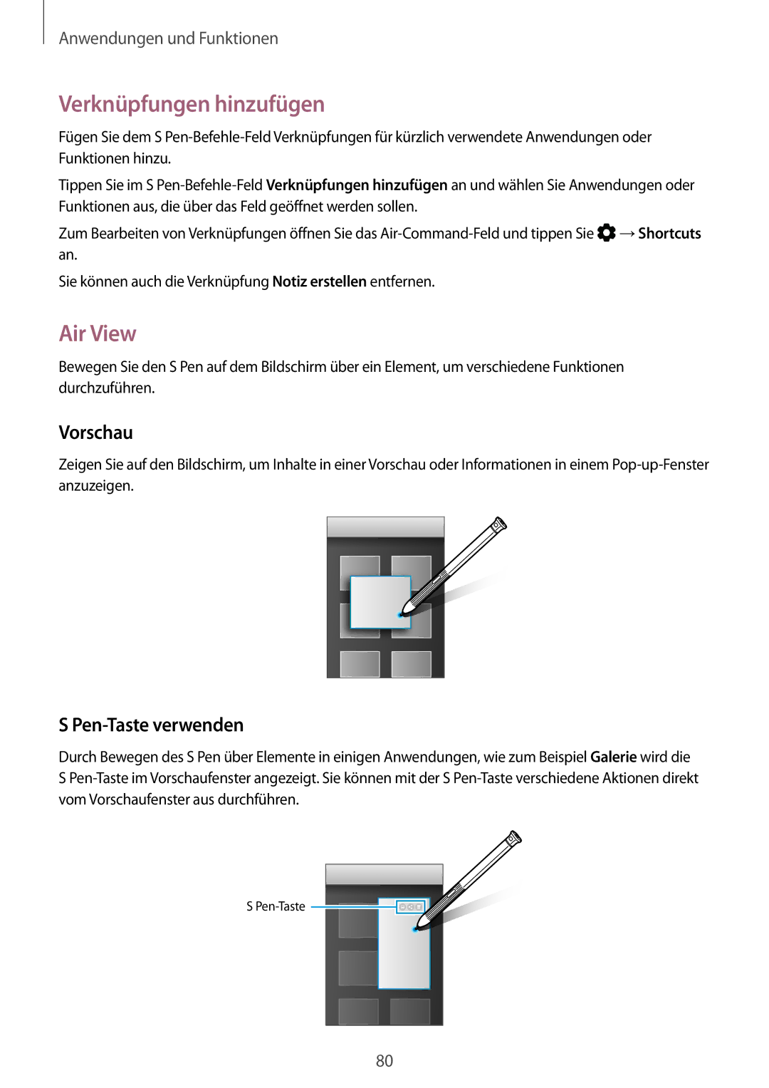 Samsung SM-T390NZKAATO manual Verknüpfungen hinzufügen, Air View, Vorschau, Pen-Taste verwenden 