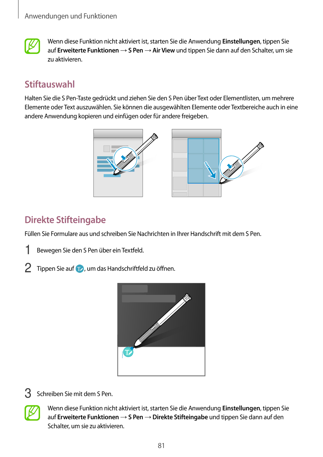 Samsung SM-T390NZKAATO manual Stiftauswahl, Direkte Stifteingabe 