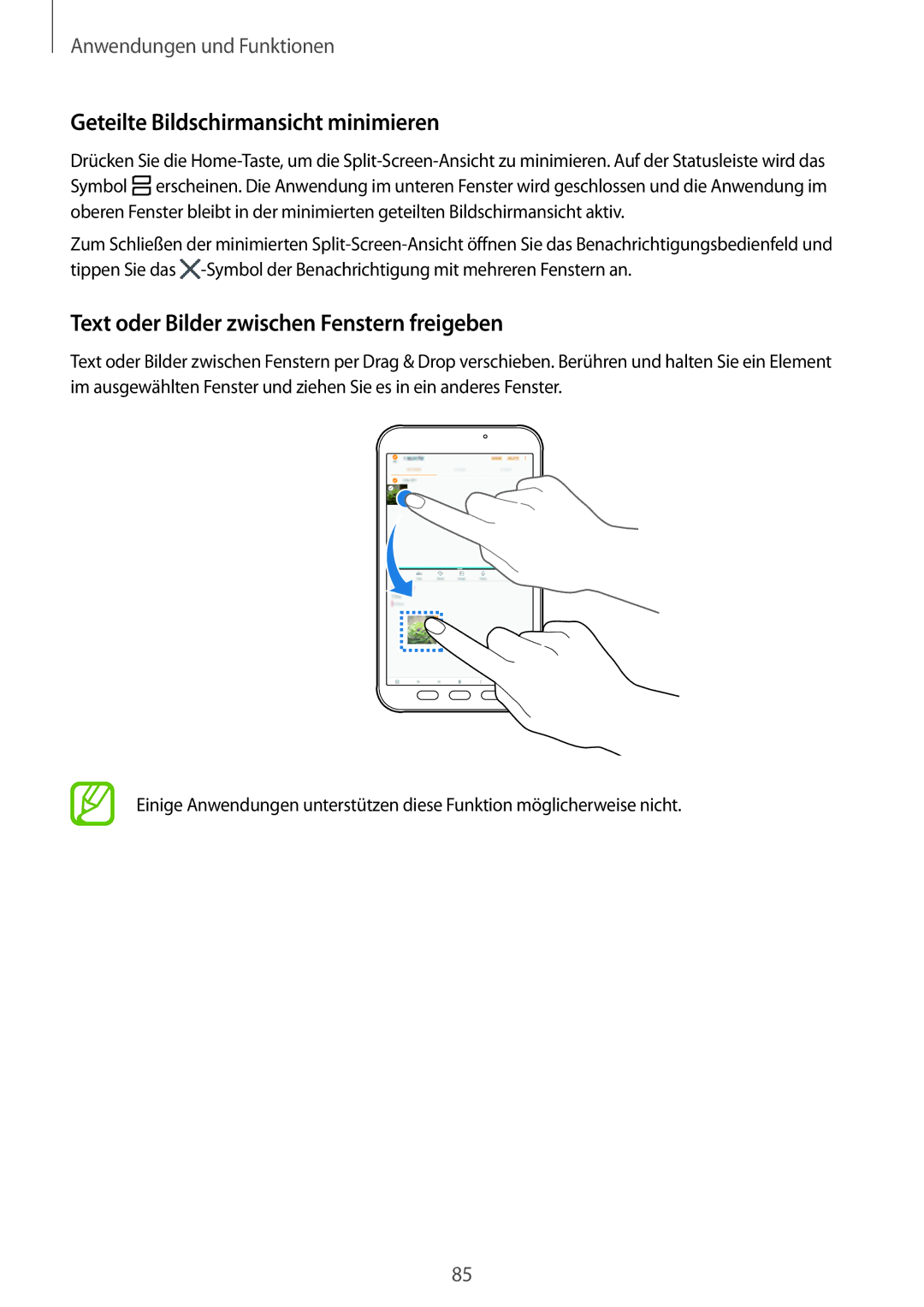 Samsung SM-T390NZKAATO manual Geteilte Bildschirmansicht minimieren, Text oder Bilder zwischen Fenstern freigeben 