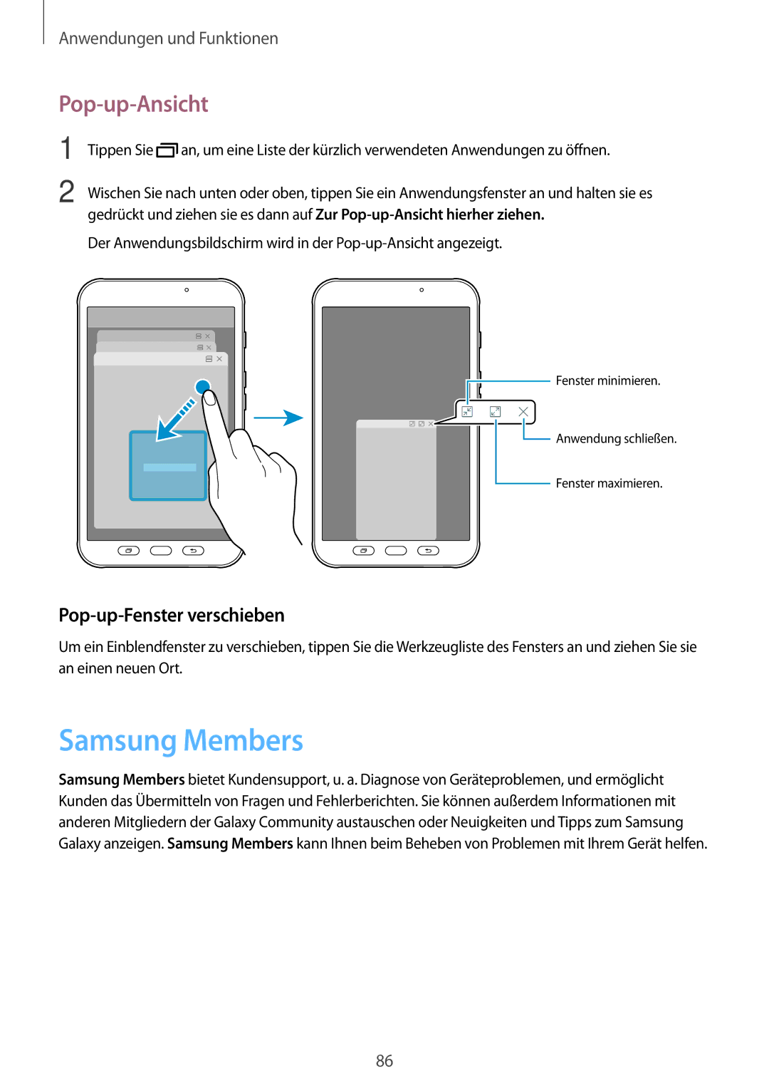 Samsung SM-T390NZKAATO manual Samsung Members, Pop-up-Ansicht, Pop-up-Fenster verschieben 