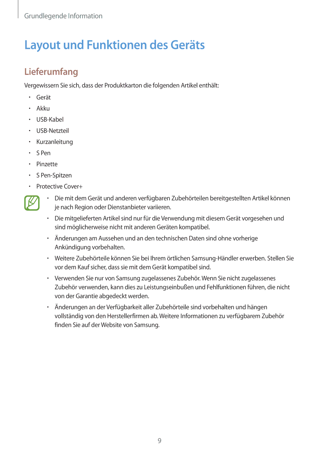 Samsung SM-T390NZKAATO manual Layout und Funktionen des Geräts, Lieferumfang 