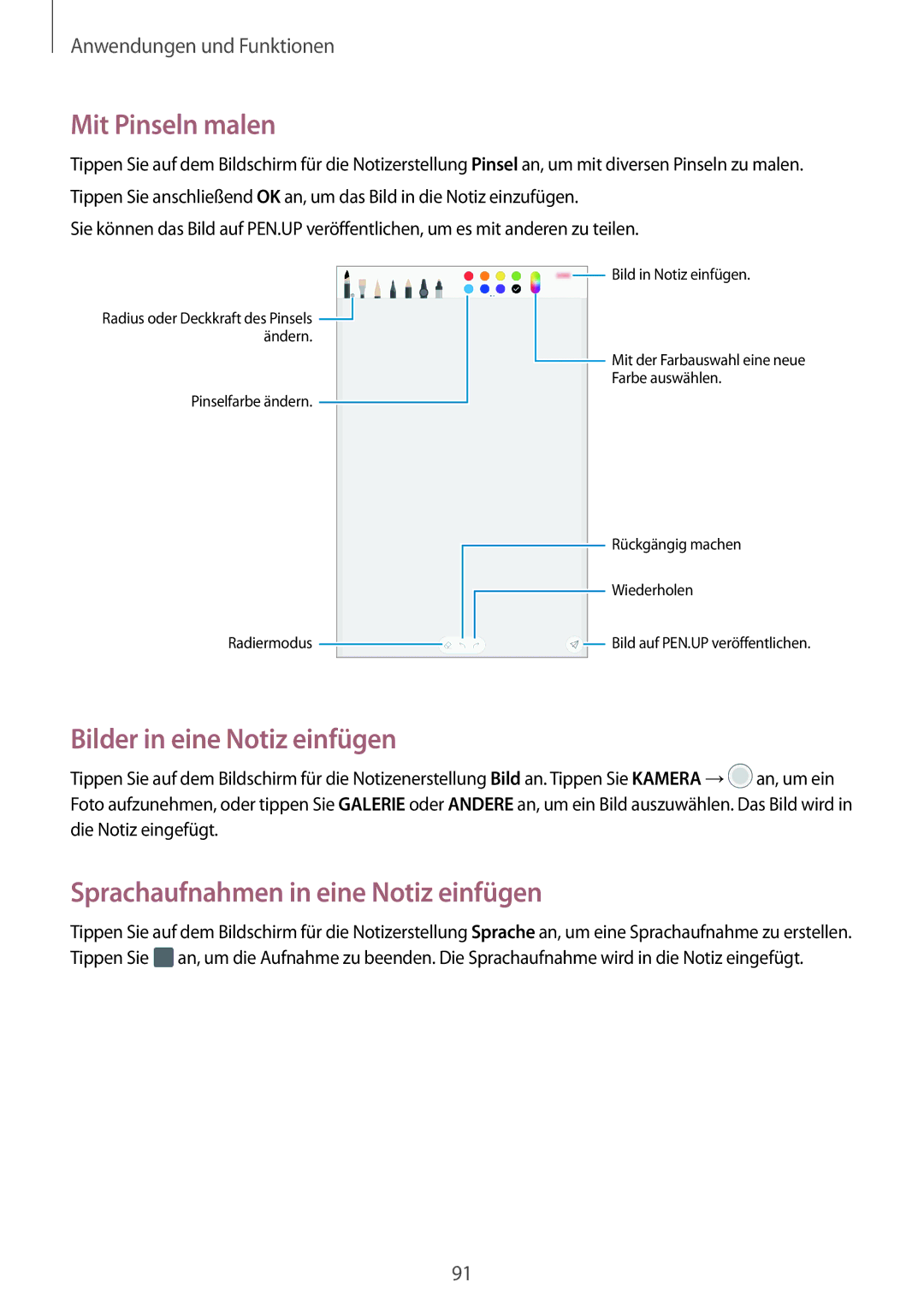 Samsung SM-T390NZKAATO manual Mit Pinseln malen, Bilder in eine Notiz einfügen, Sprachaufnahmen in eine Notiz einfügen 