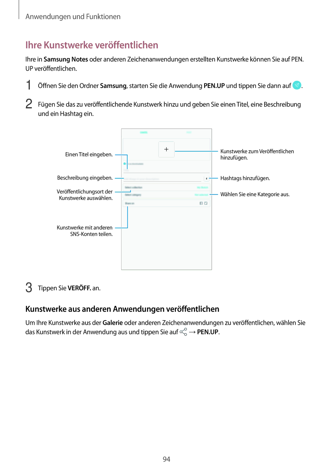 Samsung SM-T390NZKAATO manual Ihre Kunstwerke veröffentlichen, Kunstwerke aus anderen Anwendungen veröffentlichen 