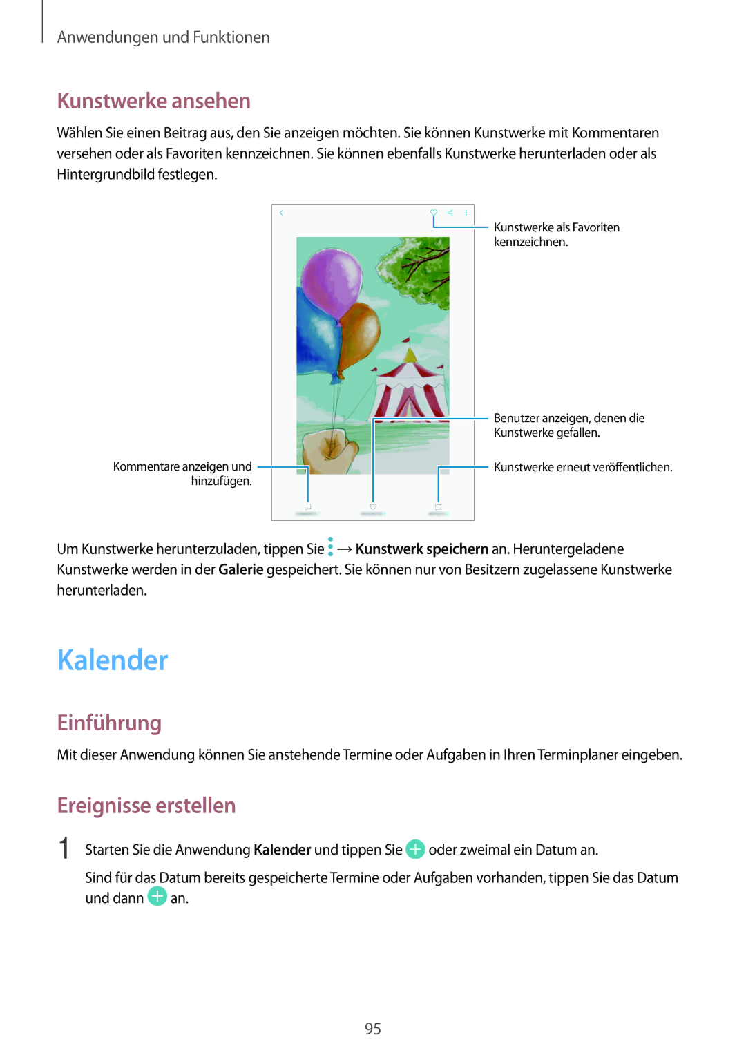 Samsung SM-T390NZKAATO manual Kalender, Kunstwerke ansehen, Ereignisse erstellen 