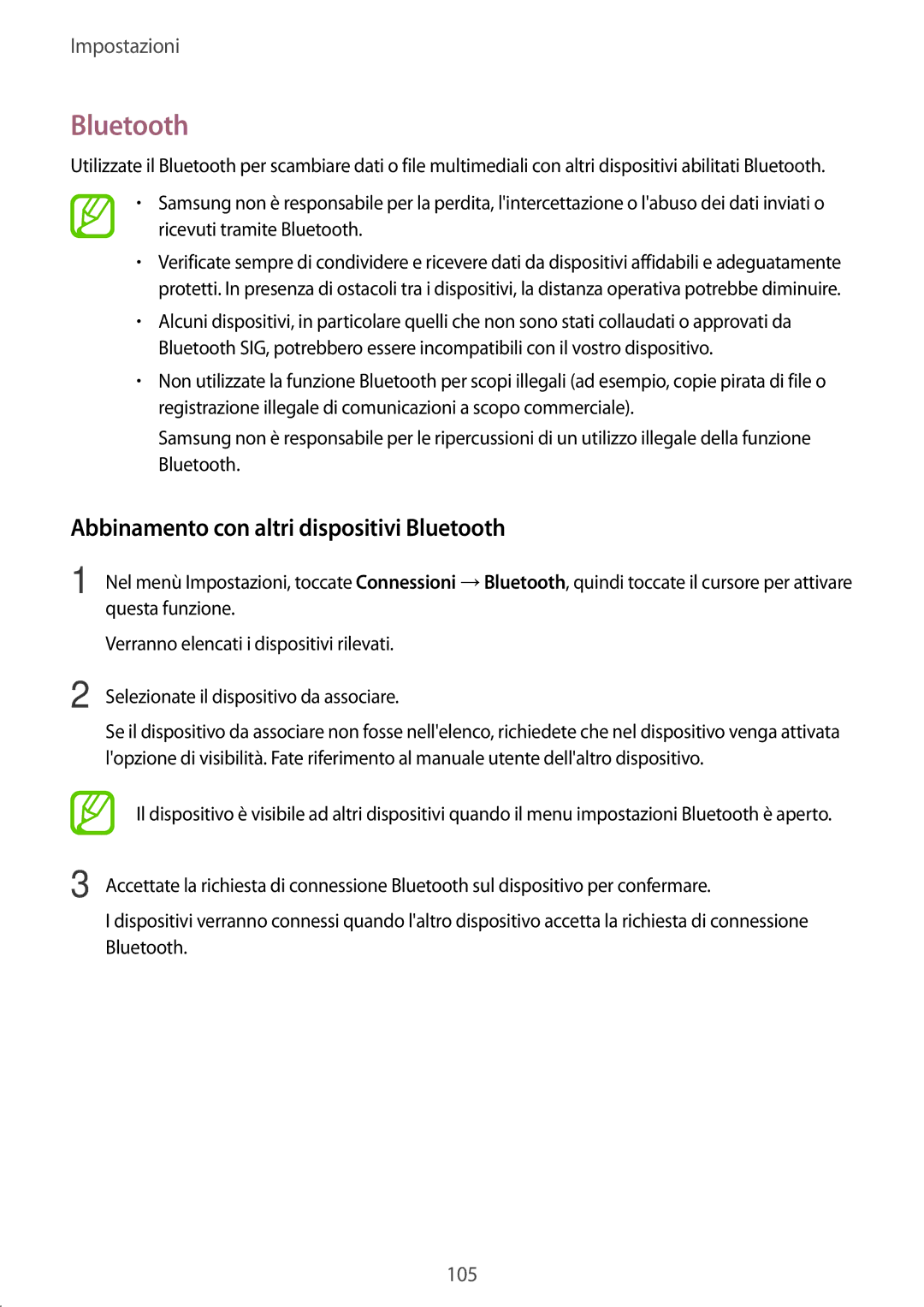 Samsung SM-T390NZKAITV manual Abbinamento con altri dispositivi Bluetooth 