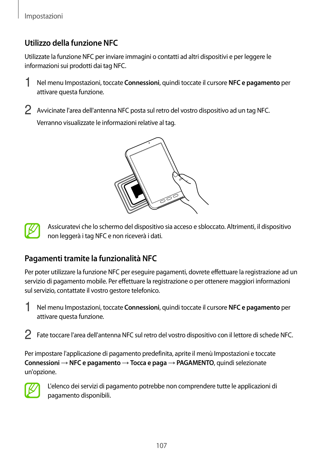 Samsung SM-T390NZKAITV manual Utilizzo della funzione NFC, Pagamenti tramite la funzionalità NFC 