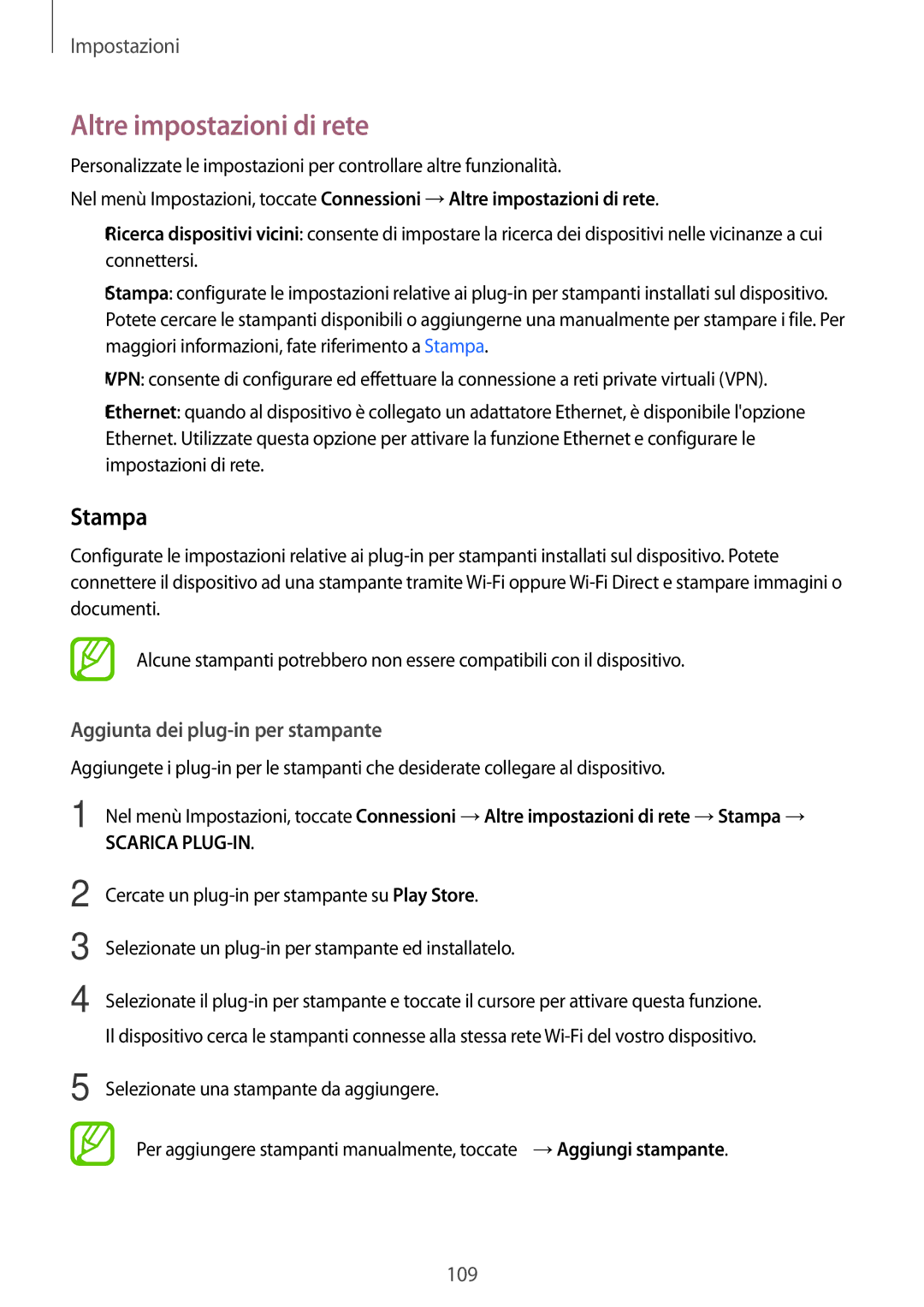 Samsung SM-T390NZKAITV manual Altre impostazioni di rete, Stampa, Aggiunta dei plug-in per stampante 