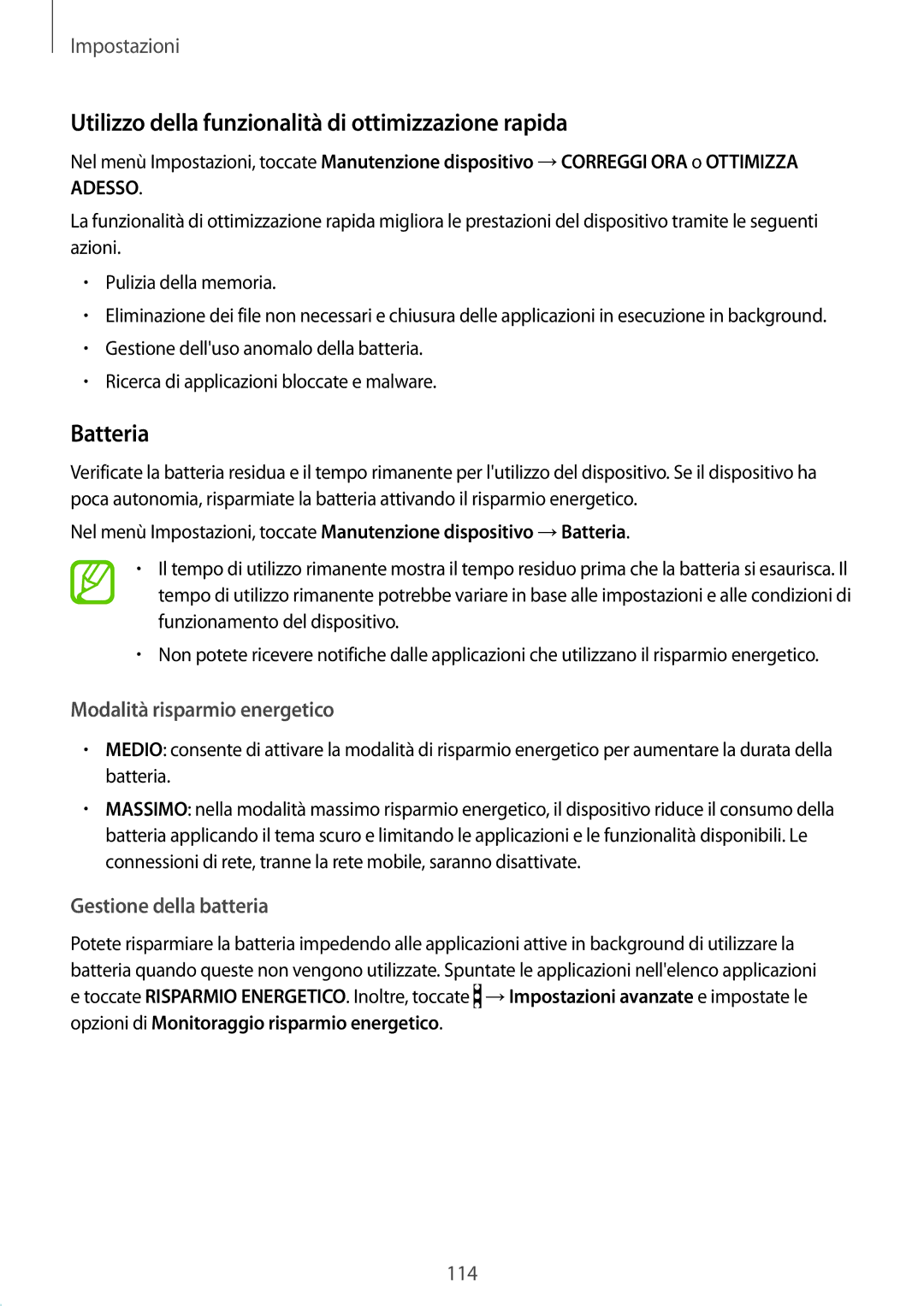 Samsung SM-T390NZKAITV manual Utilizzo della funzionalità di ottimizzazione rapida, Batteria, Modalità risparmio energetico 