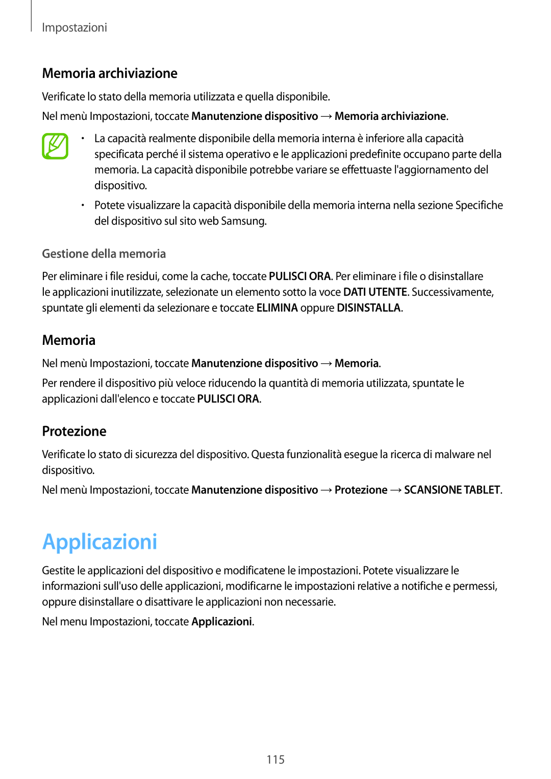 Samsung SM-T390NZKAITV manual Applicazioni, Memoria archiviazione, Protezione, Gestione della memoria 