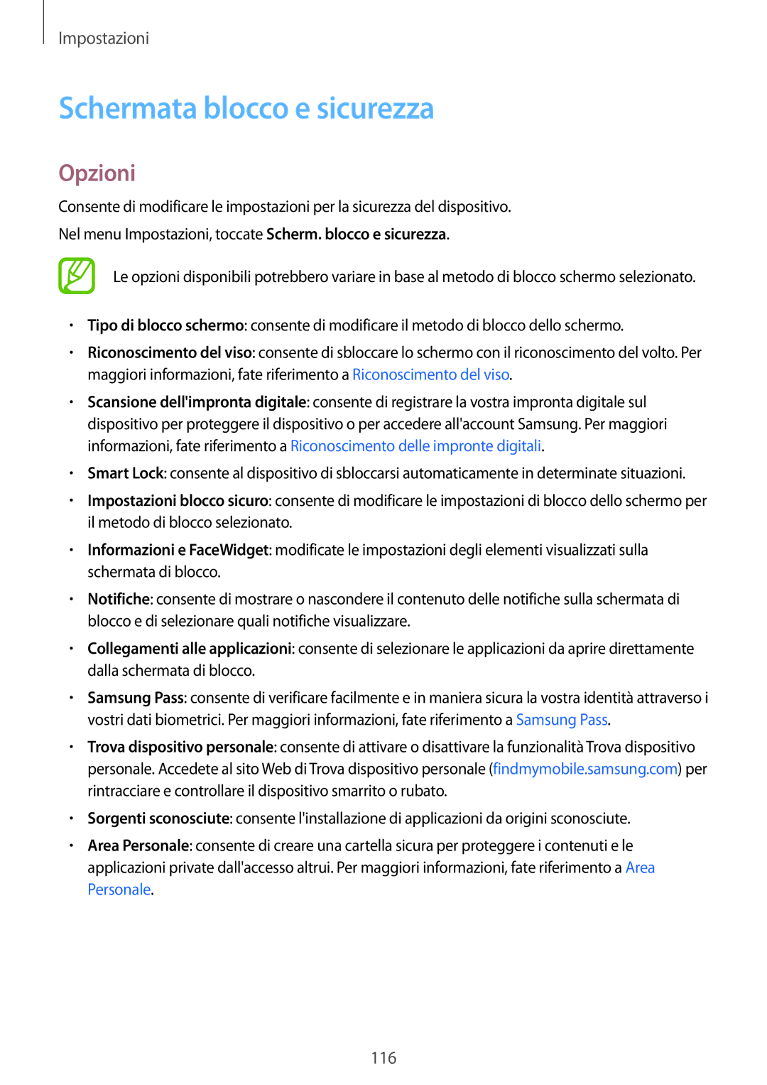 Samsung SM-T390NZKAITV manual Schermata blocco e sicurezza, Opzioni 