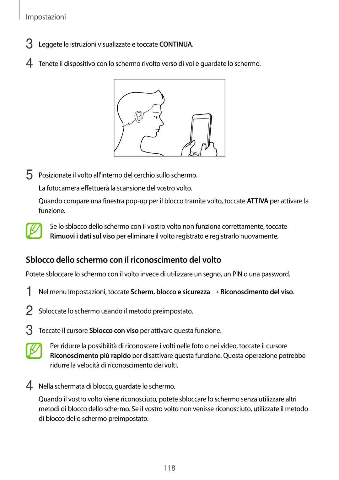 Samsung SM-T390NZKAITV manual Sblocco dello schermo con il riconoscimento del volto 