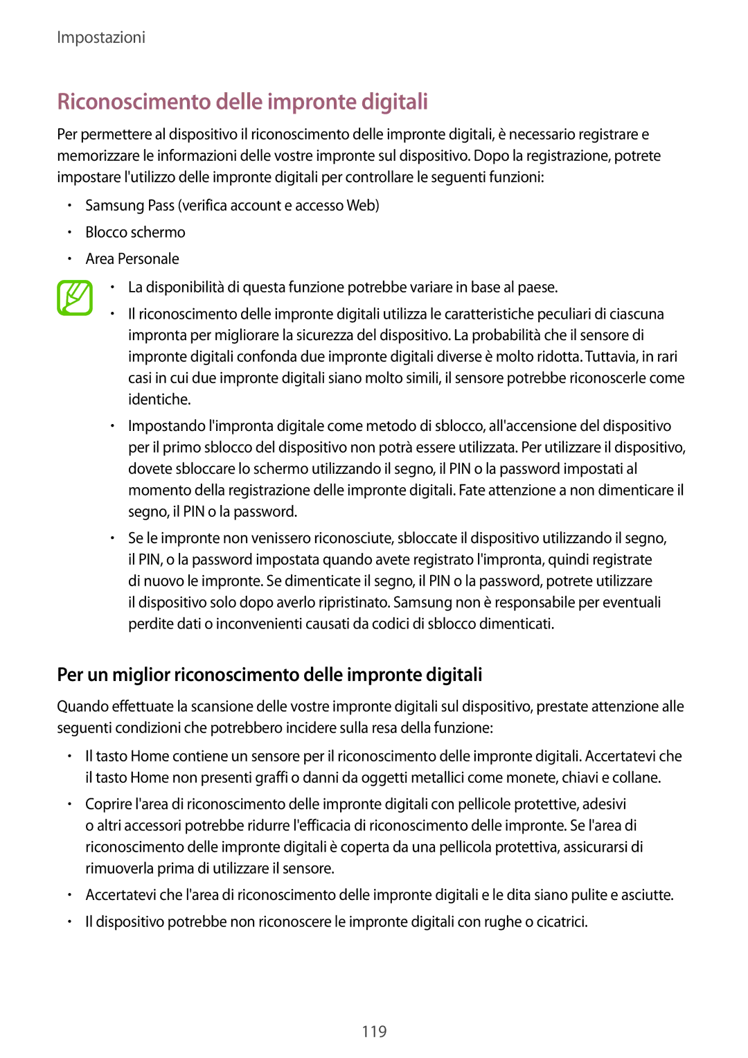 Samsung SM-T390NZKAITV manual Riconoscimento delle impronte digitali, Per un miglior riconoscimento delle impronte digitali 