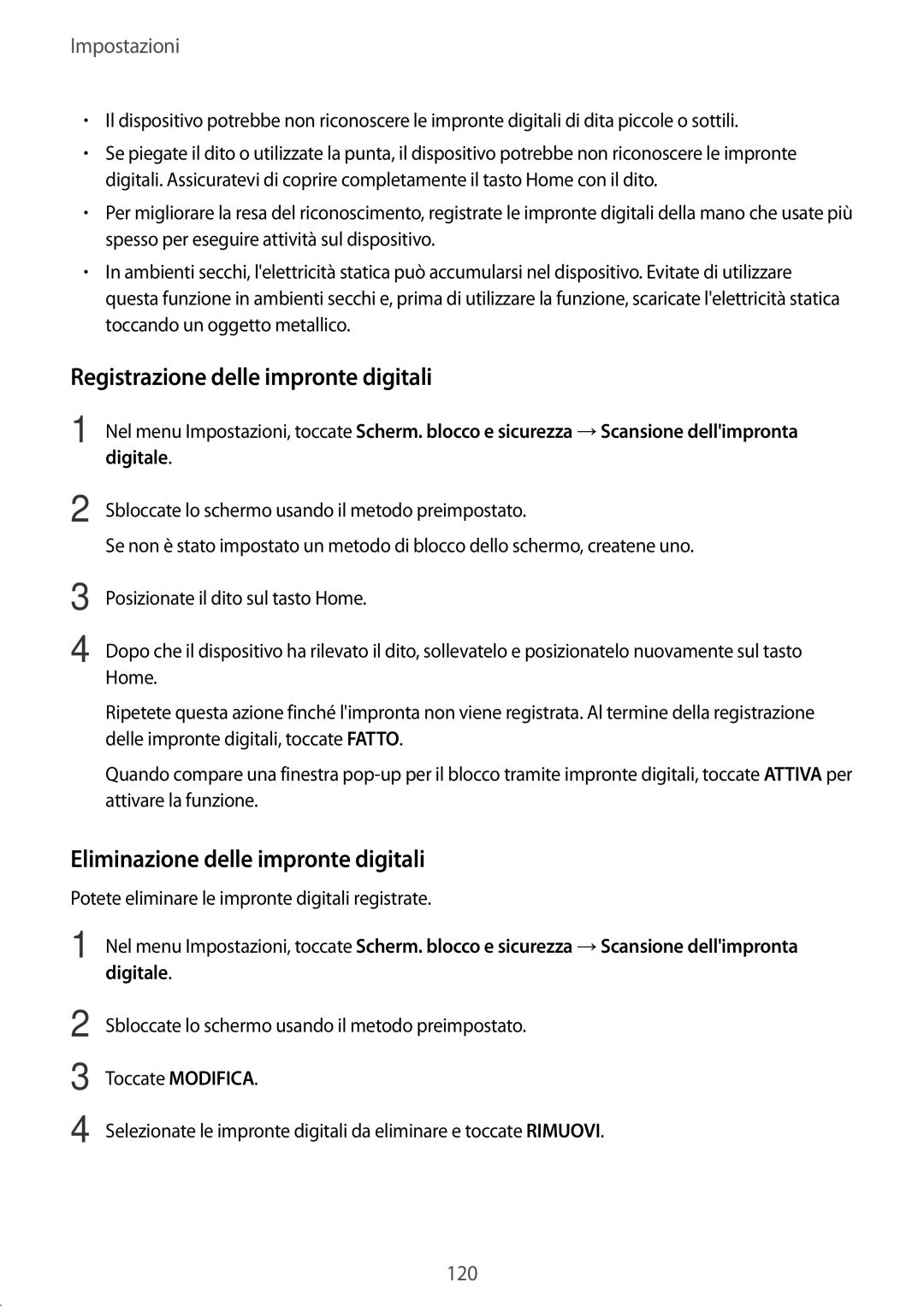 Samsung SM-T390NZKAITV manual Registrazione delle impronte digitali, Eliminazione delle impronte digitali, Digitale 