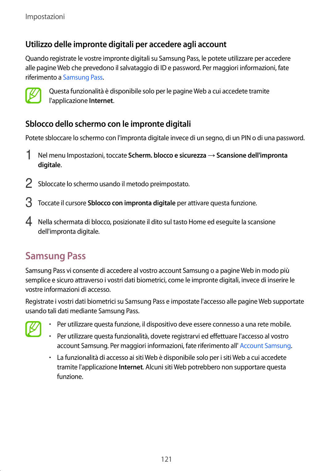 Samsung SM-T390NZKAITV manual Samsung Pass, Utilizzo delle impronte digitali per accedere agli account 