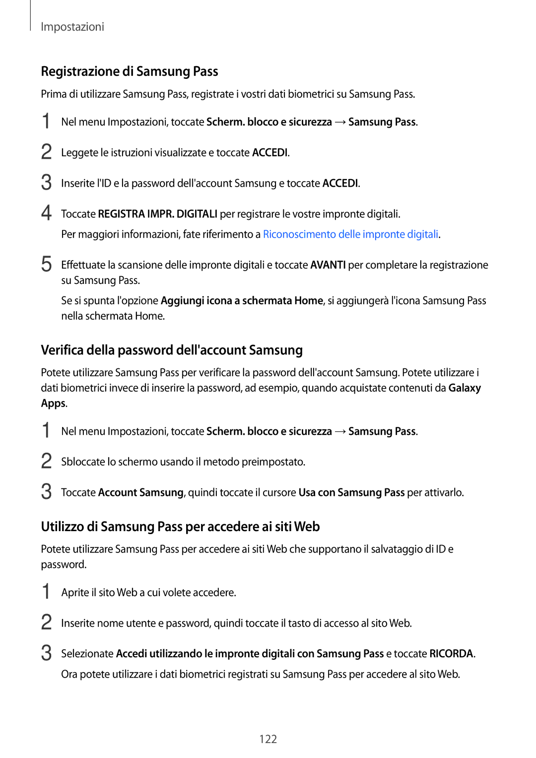 Samsung SM-T390NZKAITV manual Registrazione di Samsung Pass, Verifica della password dellaccount Samsung 