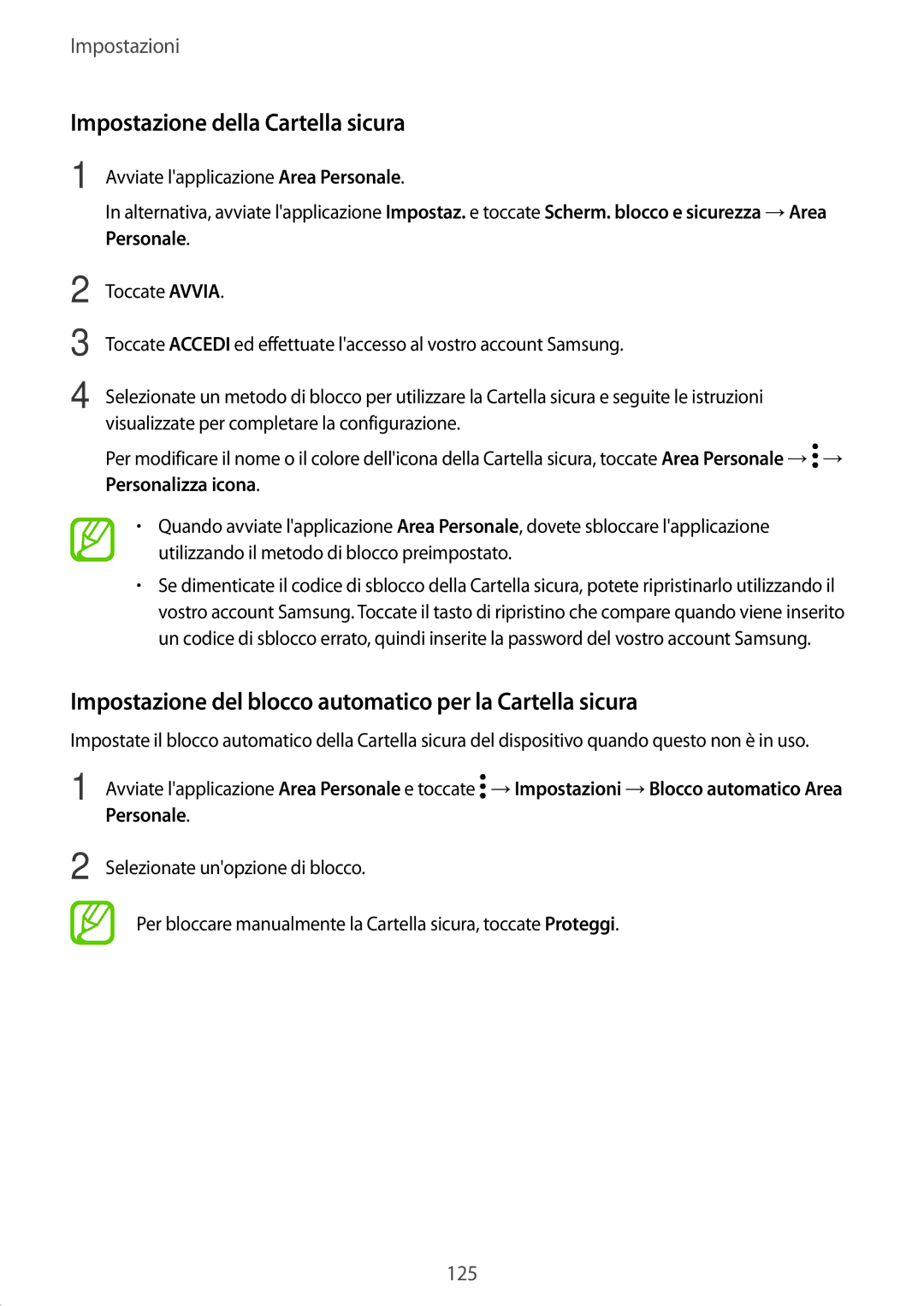 Samsung SM-T390NZKAITV manual Impostazione della Cartella sicura, Impostazione del blocco automatico per la Cartella sicura 