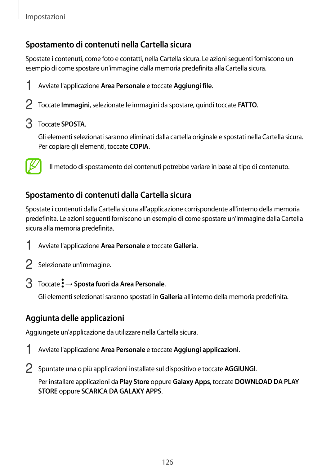 Samsung SM-T390NZKAITV Spostamento di contenuti nella Cartella sicura, Spostamento di contenuti dalla Cartella sicura 