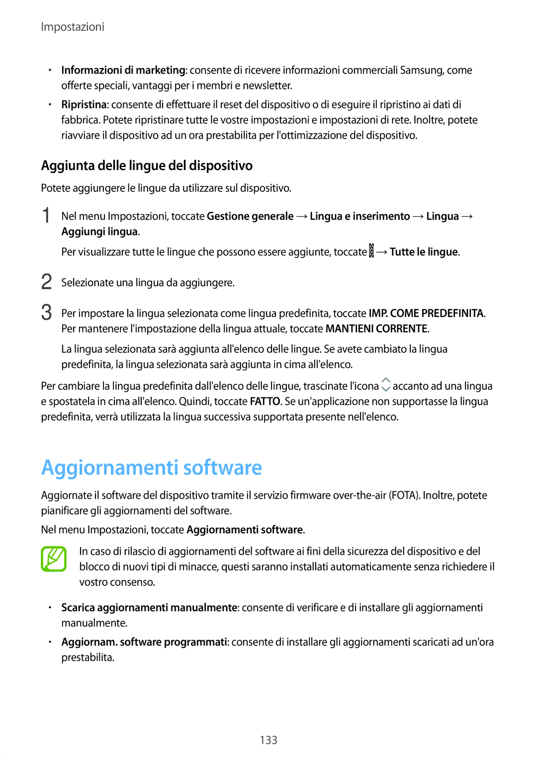 Samsung SM-T390NZKAITV manual Aggiornamenti software, Aggiunta delle lingue del dispositivo 