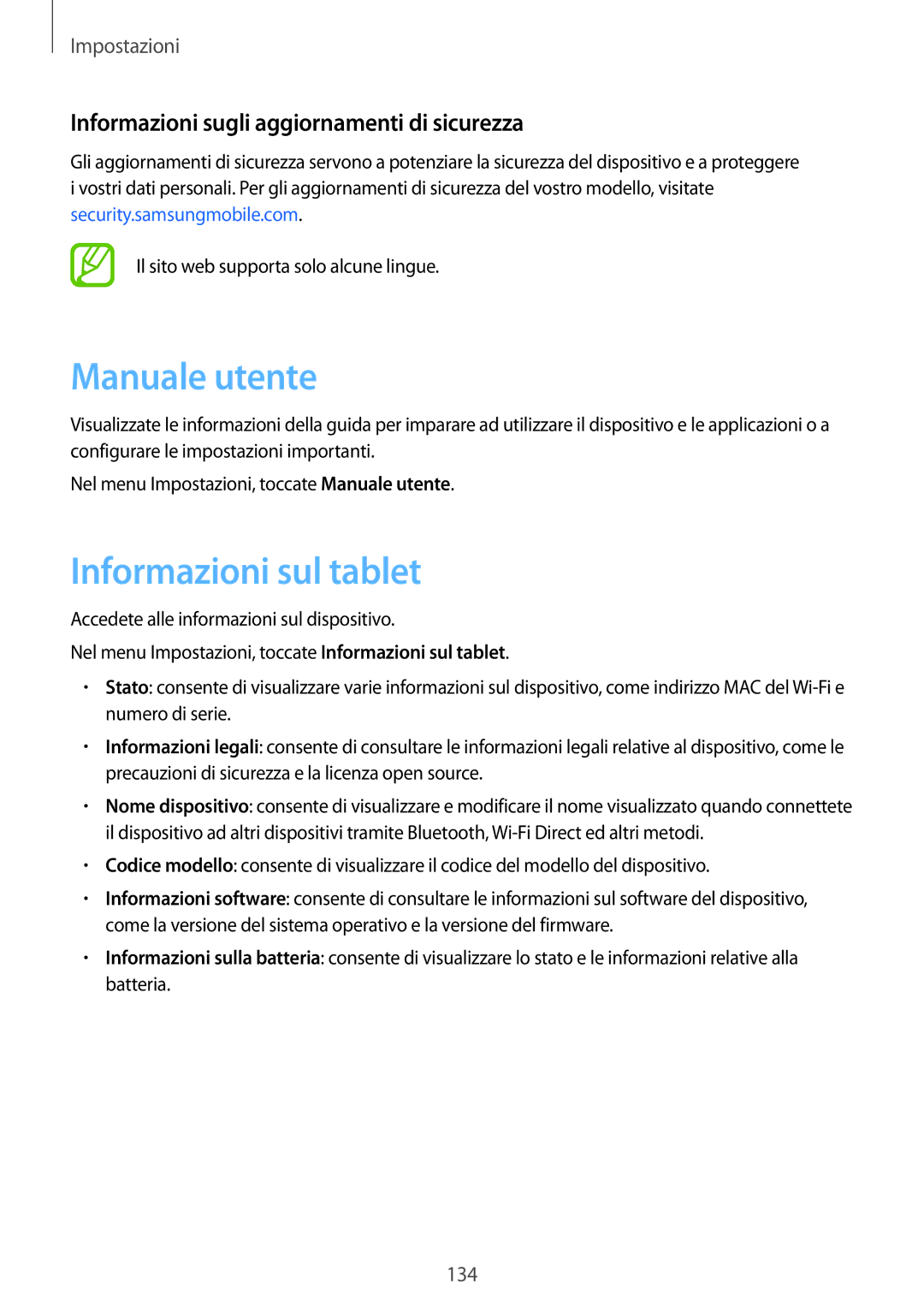 Samsung SM-T390NZKAITV manual Manuale utente, Informazioni sul tablet, Informazioni sugli aggiornamenti di sicurezza 