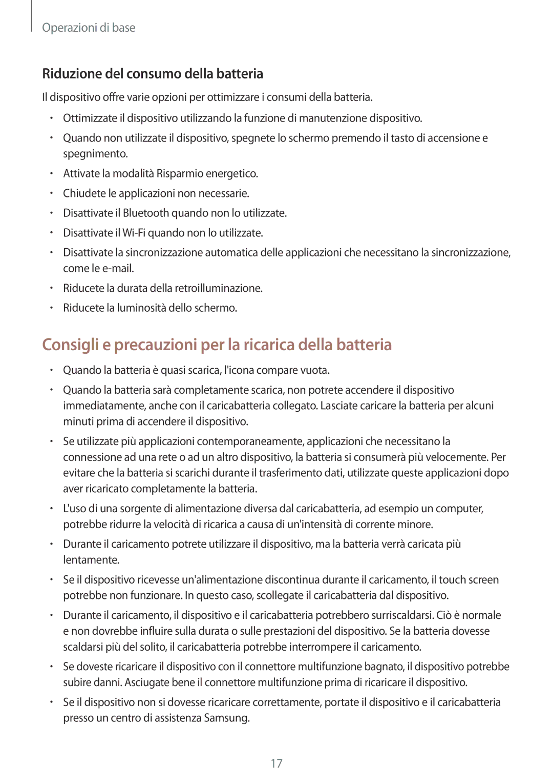 Samsung SM-T390NZKAITV manual Consigli e precauzioni per la ricarica della batteria, Riduzione del consumo della batteria 