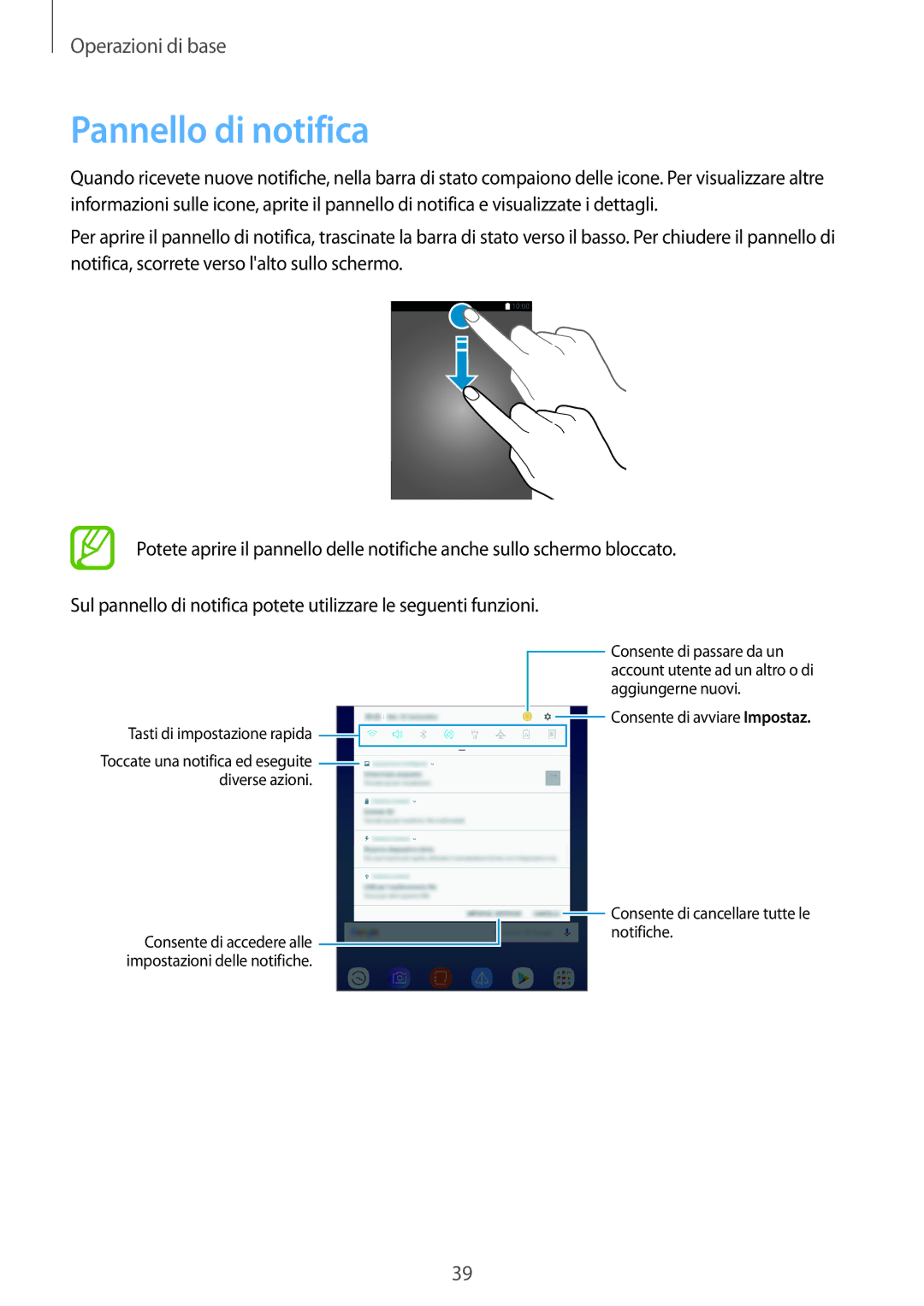 Samsung SM-T390NZKAITV manual Pannello di notifica, Tasti di impostazione rapida 