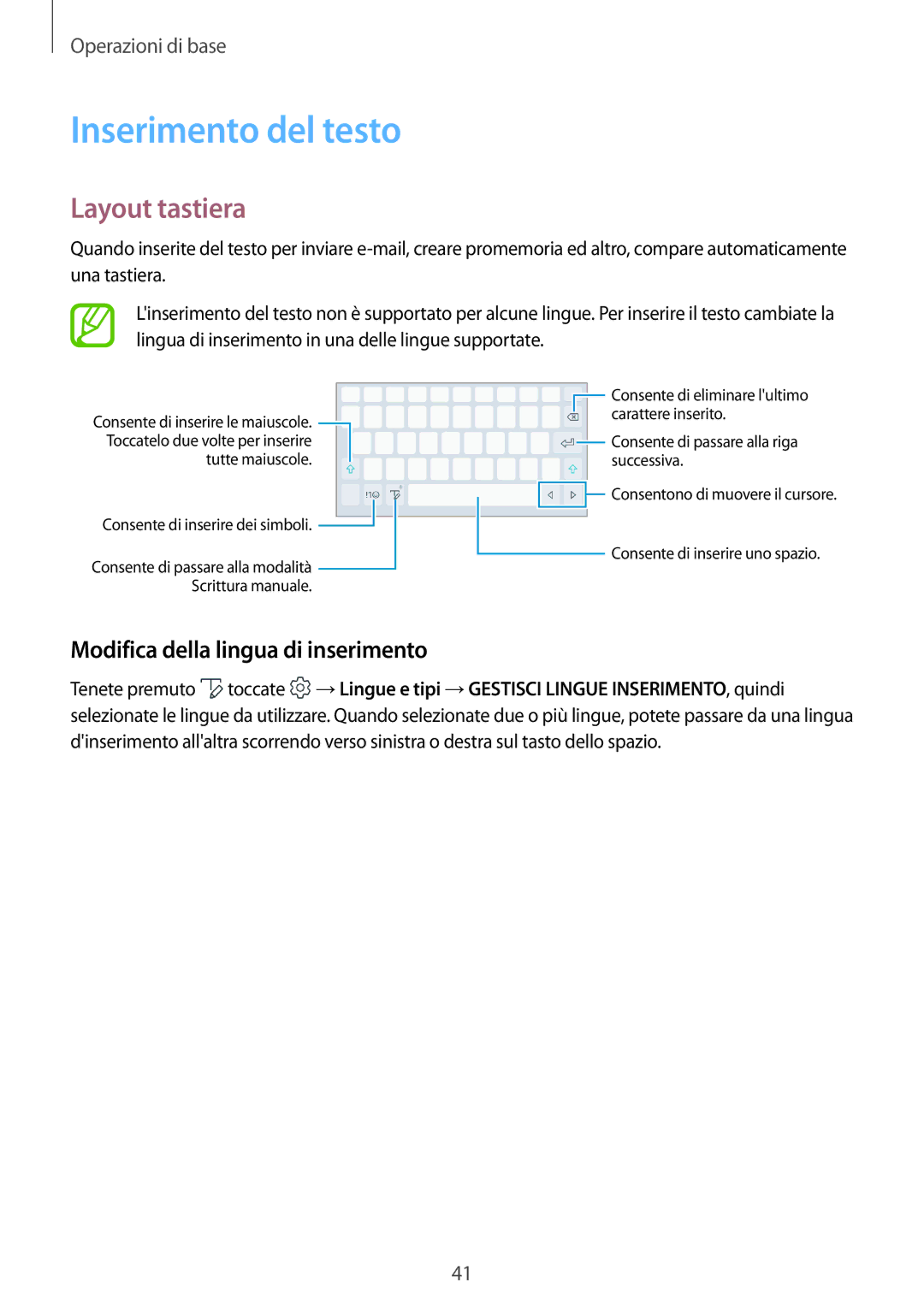 Samsung SM-T390NZKAITV manual Inserimento del testo, Layout tastiera, Modifica della lingua di inserimento 