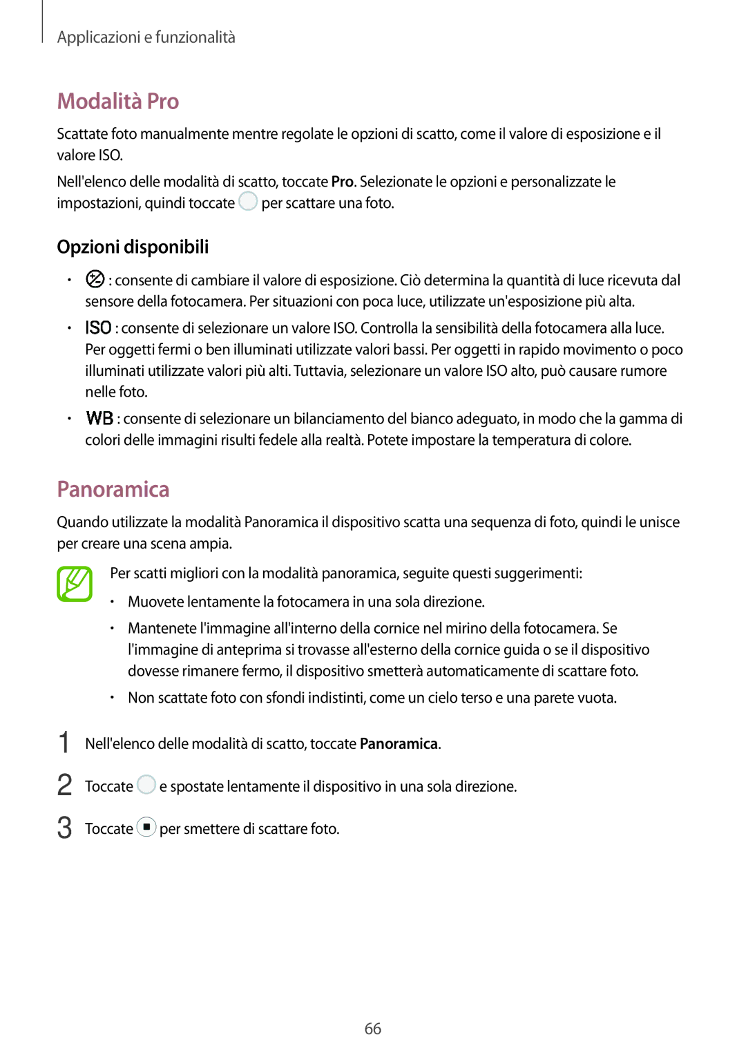 Samsung SM-T390NZKAITV manual Modalità Pro, Panoramica, Opzioni disponibili 