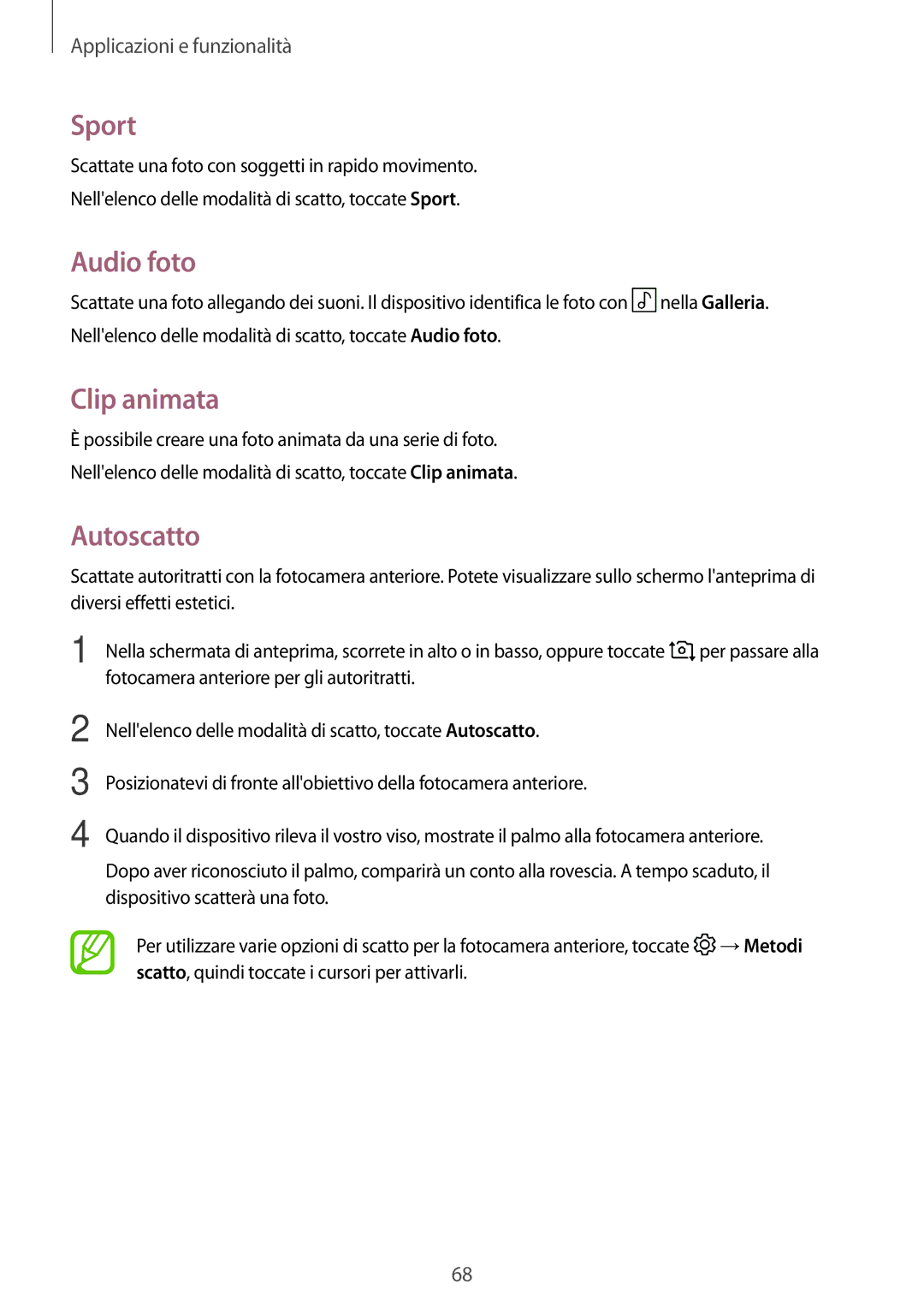 Samsung SM-T390NZKAITV manual Sport, Audio foto, Clip animata, Autoscatto 