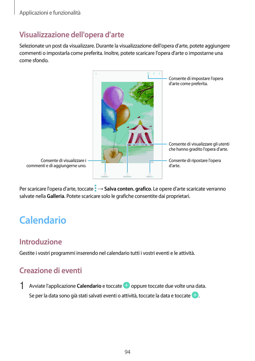 Samsung SM-T390NZKAITV manual Calendario, Visualizzazione dellopera darte, Creazione di eventi 