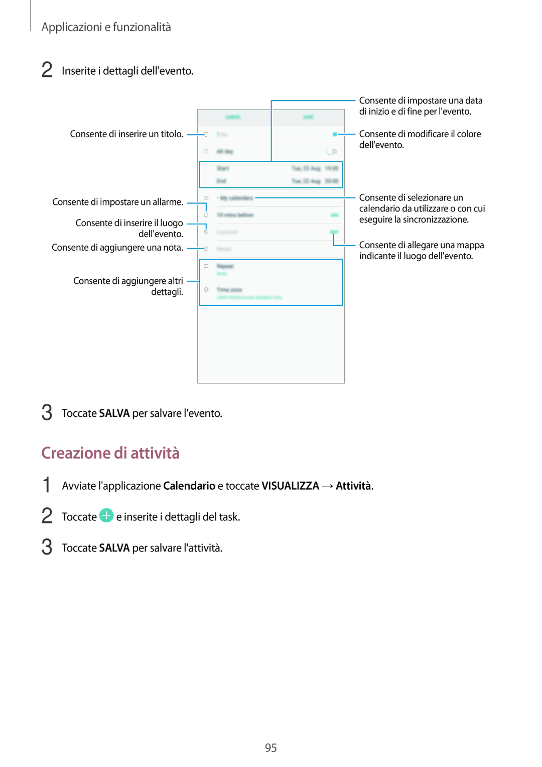 Samsung SM-T390NZKAITV manual Creazione di attività, Inserite i dettagli dellevento 