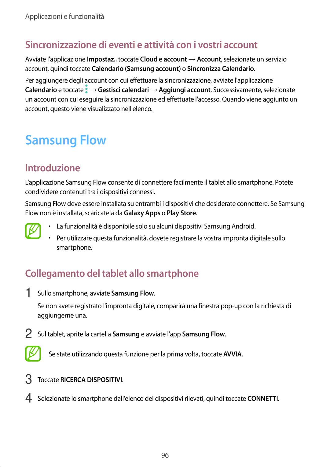 Samsung SM-T390NZKAITV manual Samsung Flow, Sincronizzazione di eventi e attività con i vostri account 