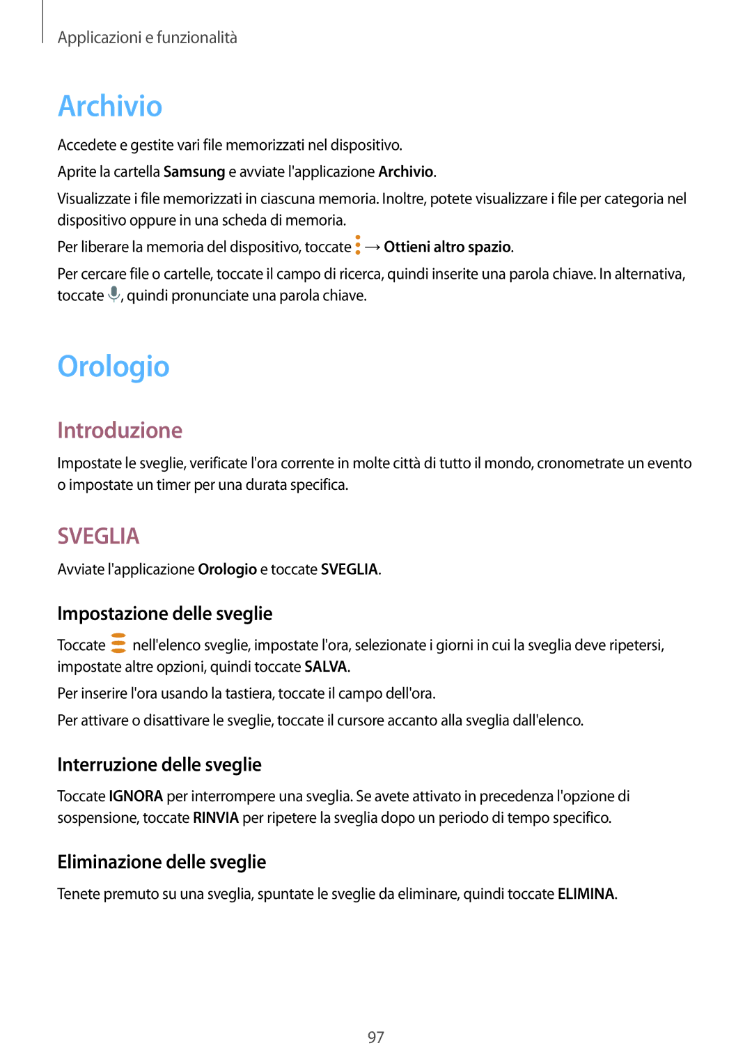 Samsung SM-T390NZKAITV manual Archivio, Orologio, Impostazione delle sveglie, Interruzione delle sveglie 