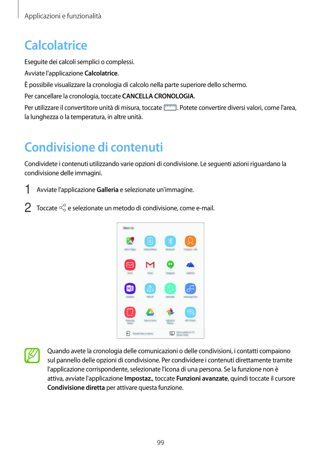 Samsung SM-T390NZKAITV manual Calcolatrice, Condivisione di contenuti 