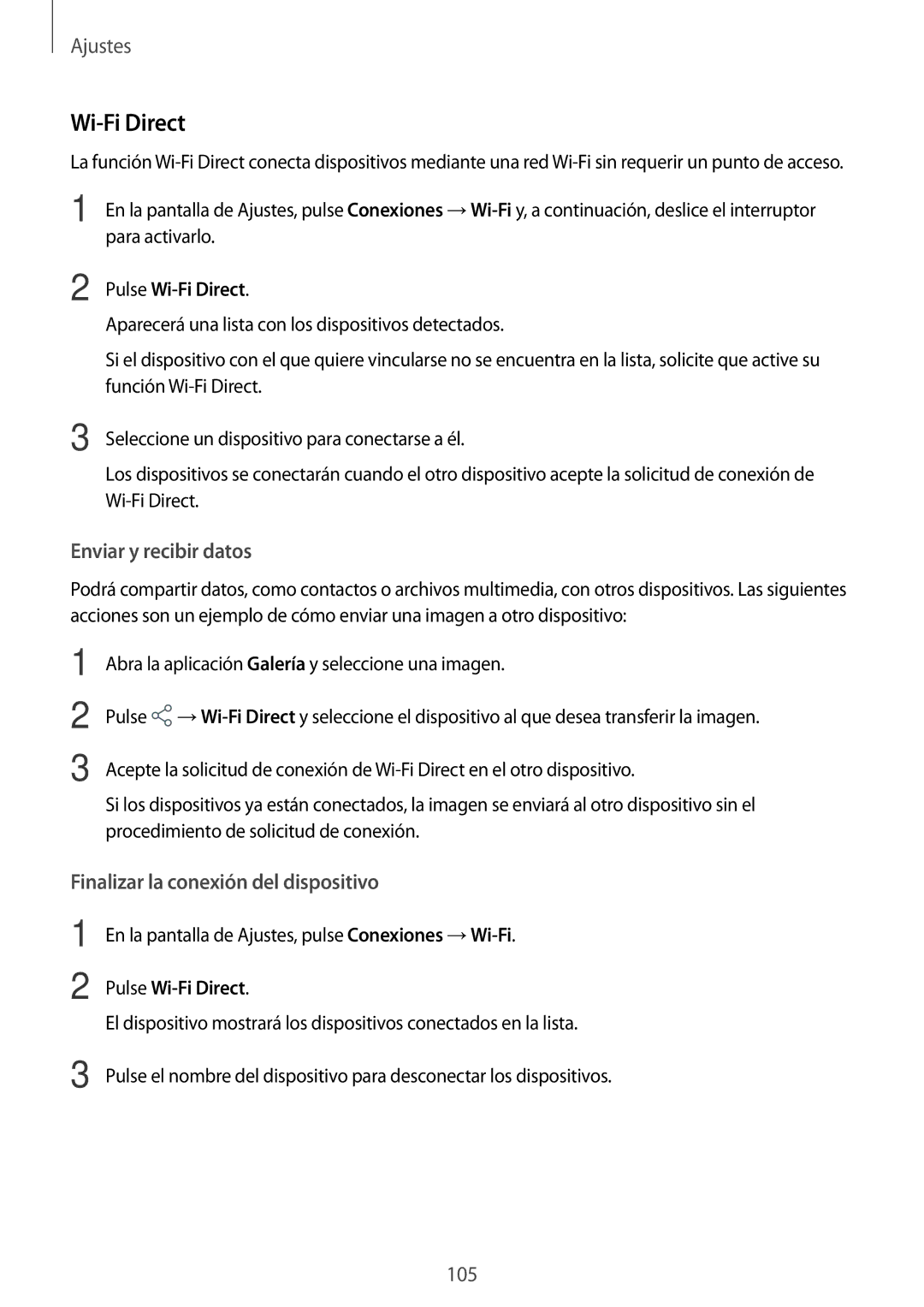 Samsung SM-T390NZKAPHE manual Enviar y recibir datos, Finalizar la conexión del dispositivo, Pulse Wi-Fi Direct 