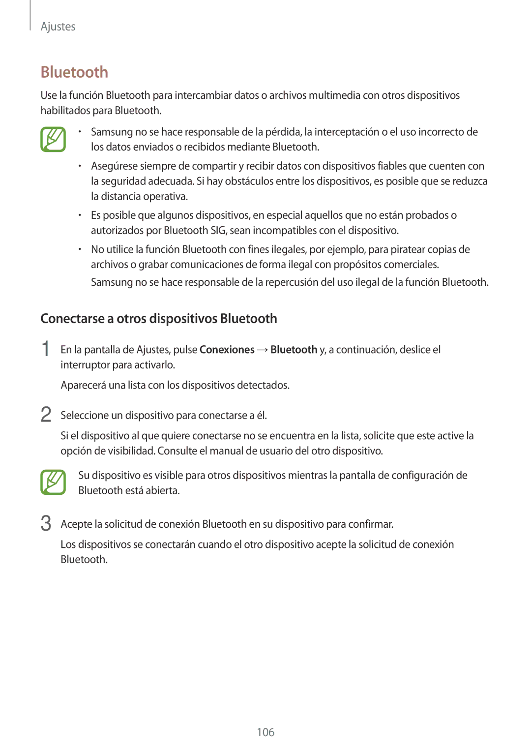 Samsung SM-T390NZKAPHE manual Conectarse a otros dispositivos Bluetooth 