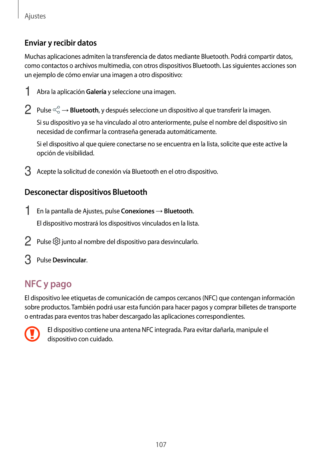 Samsung SM-T390NZKAPHE manual NFC y pago, Enviar y recibir datos, Desconectar dispositivos Bluetooth, Pulse Desvincular 