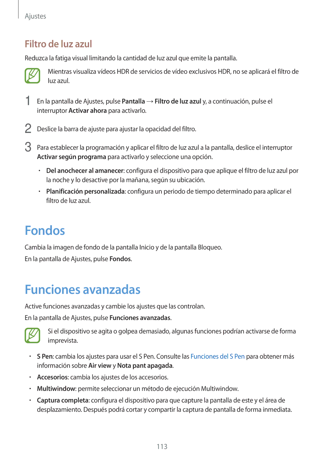 Samsung SM-T390NZKAPHE manual Fondos, Funciones avanzadas, Filtro de luz azul 