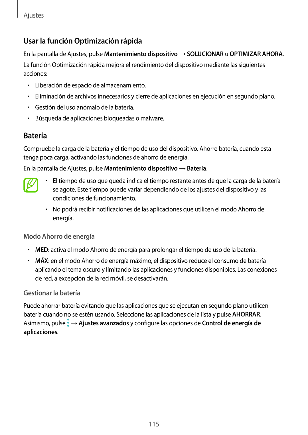 Samsung SM-T390NZKAPHE manual Usar la función Optimización rápida, Batería, Modo Ahorro de energía, Gestionar la batería 