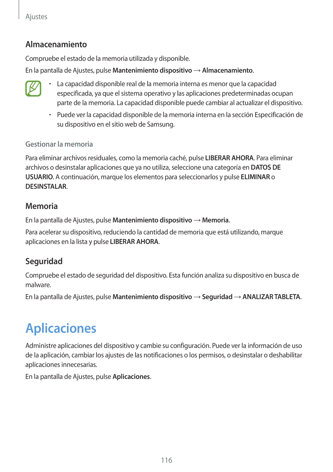 Samsung SM-T390NZKAPHE manual Aplicaciones, Almacenamiento, Memoria, Seguridad, Gestionar la memoria 