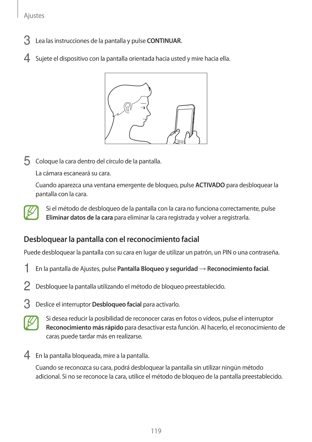 Samsung SM-T390NZKAPHE manual Desbloquear la pantalla con el reconocimiento facial 