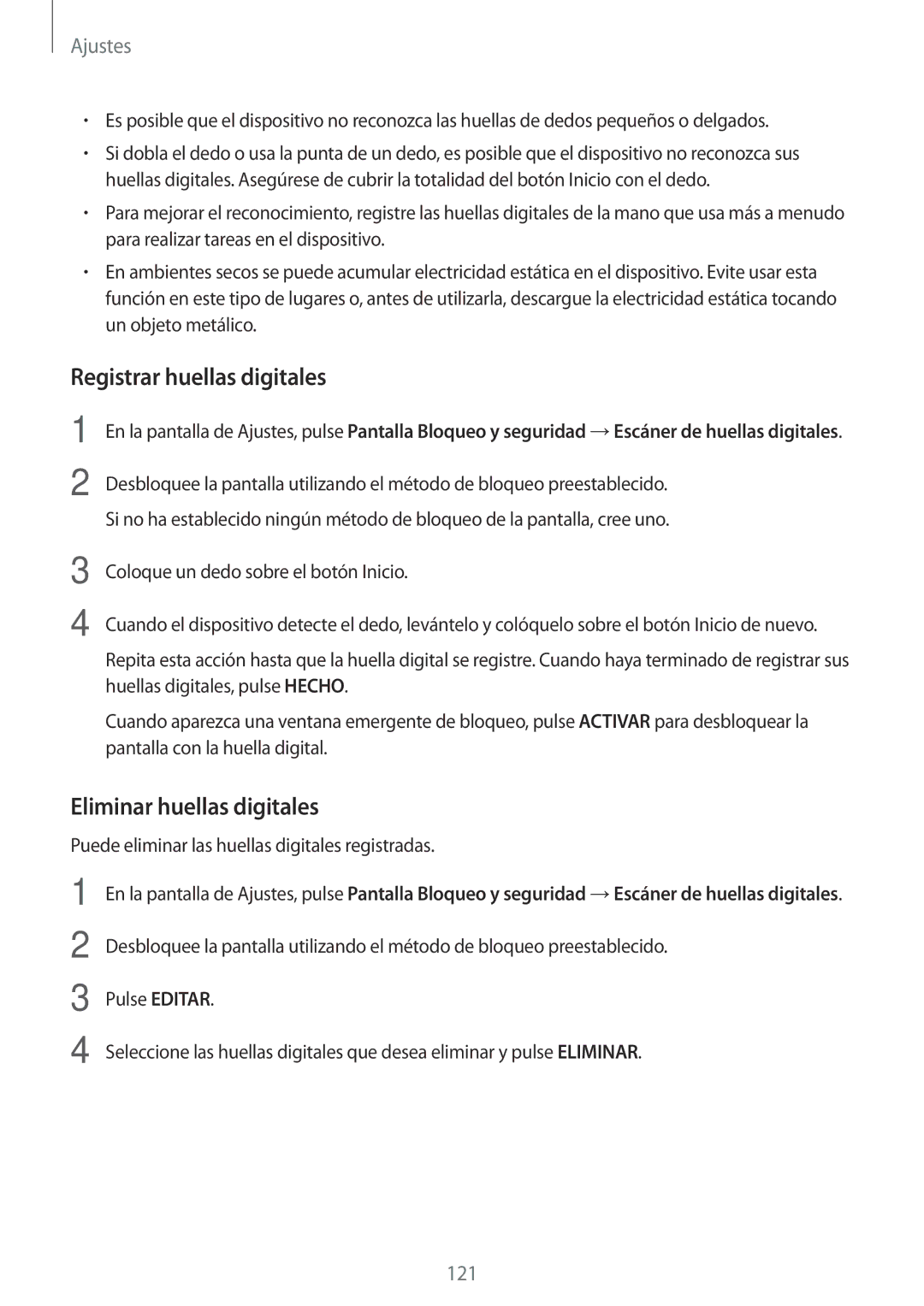 Samsung SM-T390NZKAPHE manual Registrar huellas digitales, Eliminar huellas digitales 