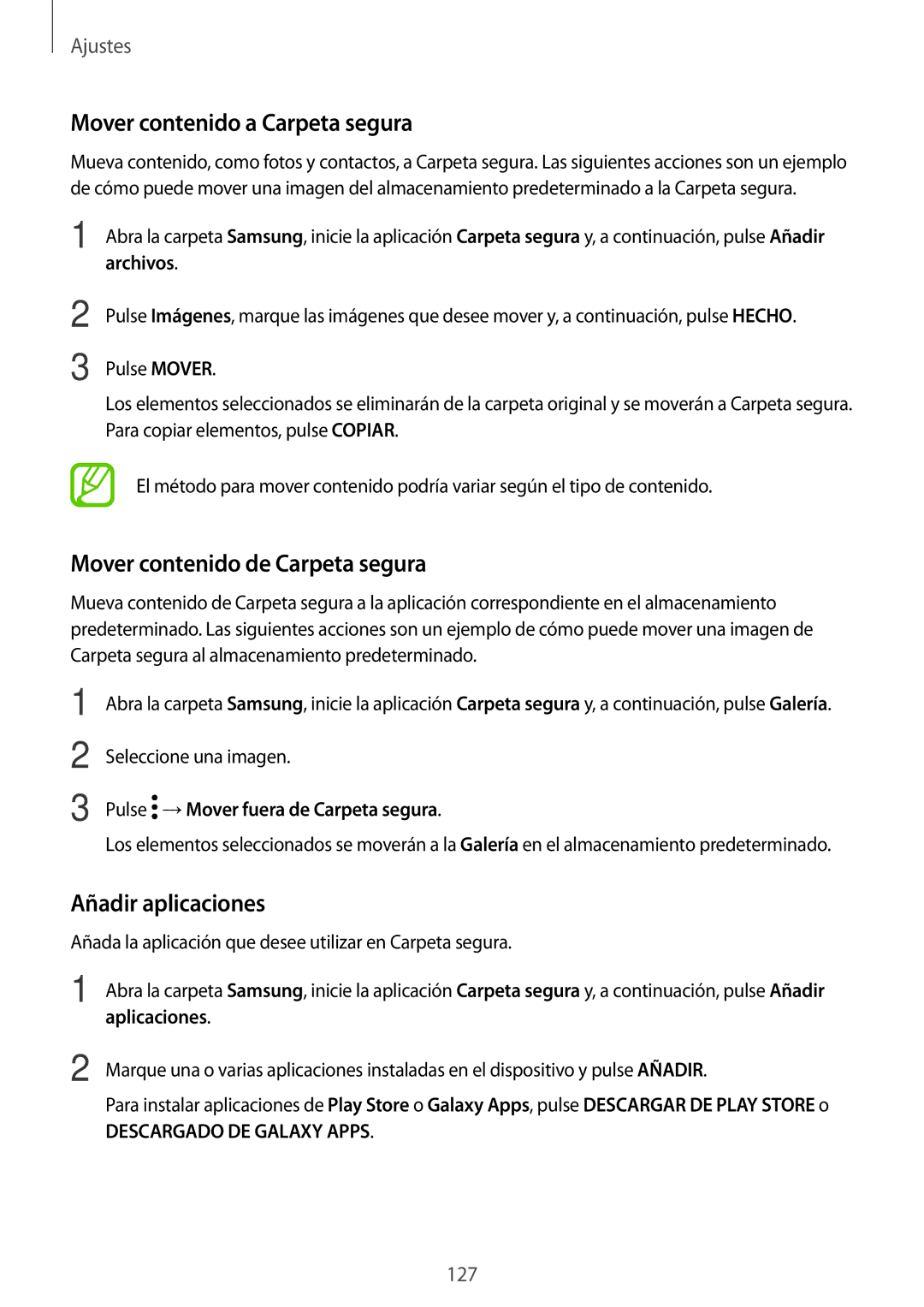 Samsung SM-T390NZKAPHE Mover contenido a Carpeta segura, Mover contenido de Carpeta segura, Añadir aplicaciones, Archivos 