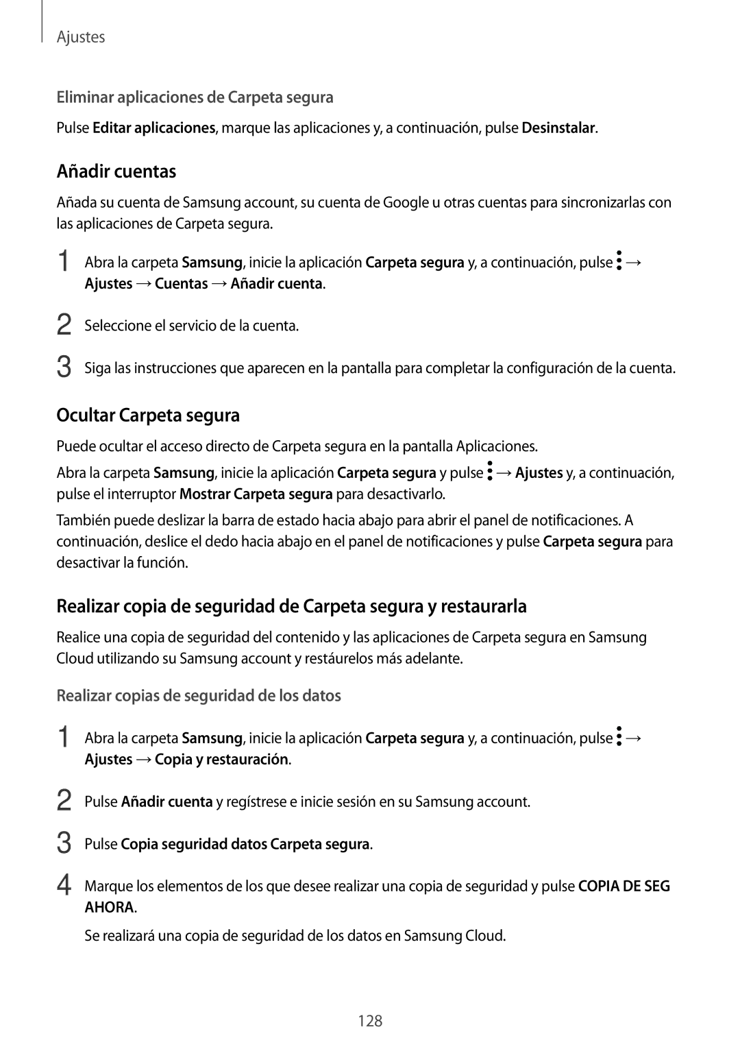 Samsung SM-T390NZKAPHE Añadir cuentas, Ocultar Carpeta segura, Realizar copia de seguridad de Carpeta segura y restaurarla 