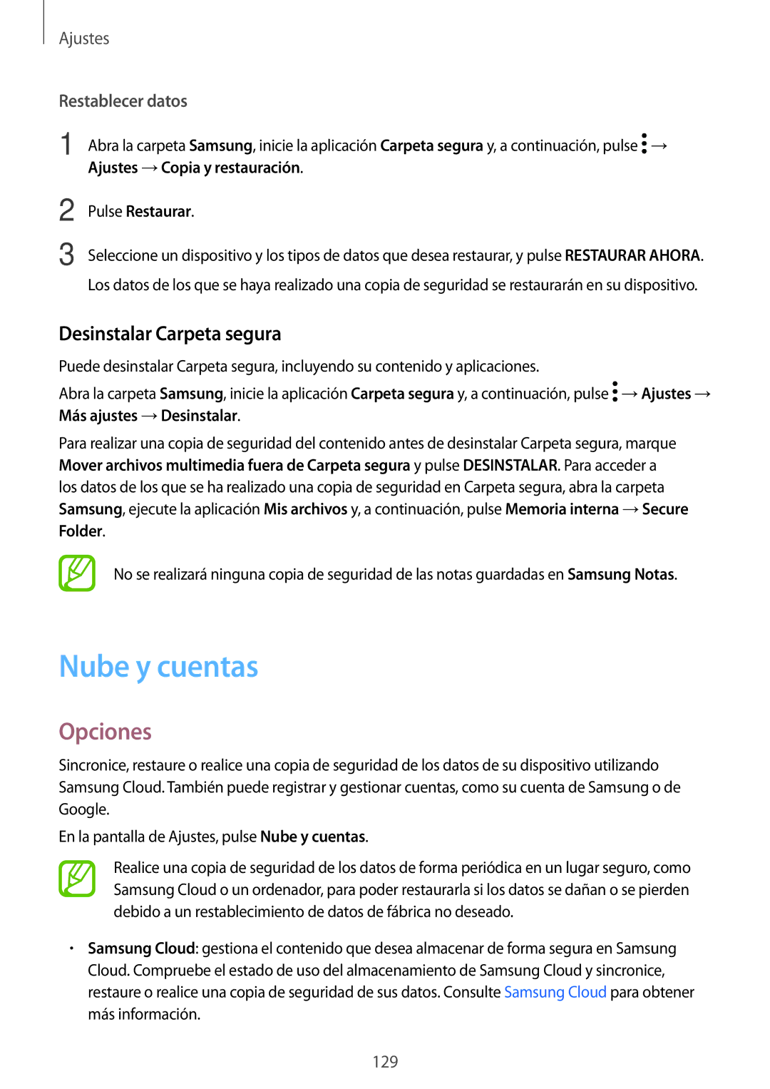 Samsung SM-T390NZKAPHE manual Nube y cuentas, Desinstalar Carpeta segura, Restablecer datos, Pulse Restaurar 