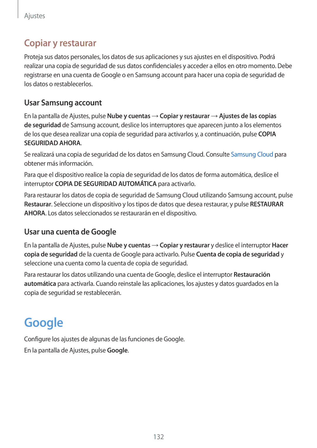 Samsung SM-T390NZKAPHE manual Copiar y restaurar, Usar Samsung account, Usar una cuenta de Google 