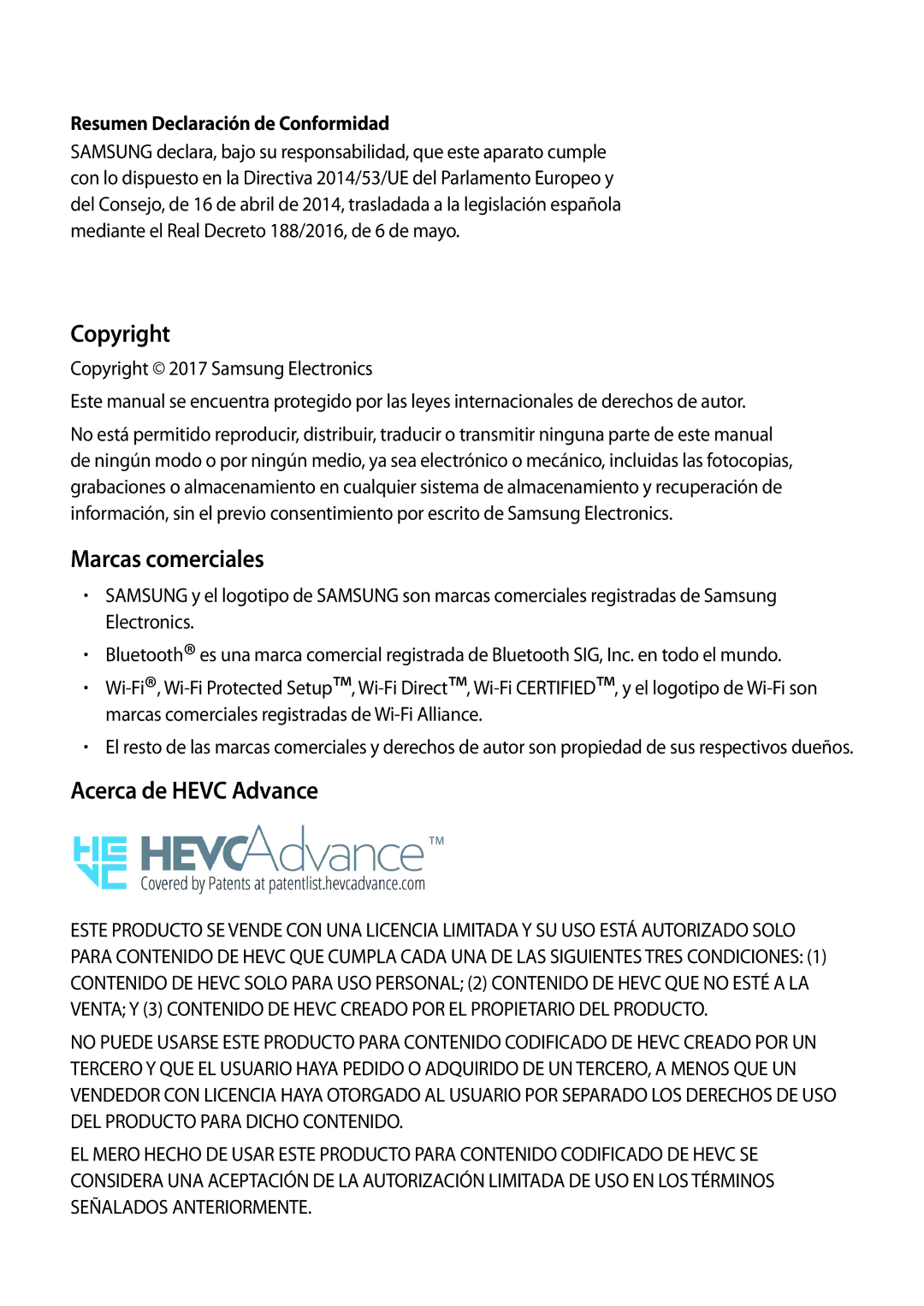 Samsung SM-T390NZKAPHE manual Copyright, Marcas comerciales, Acerca de Hevc Advance, Resumen Declaración de Conformidad 