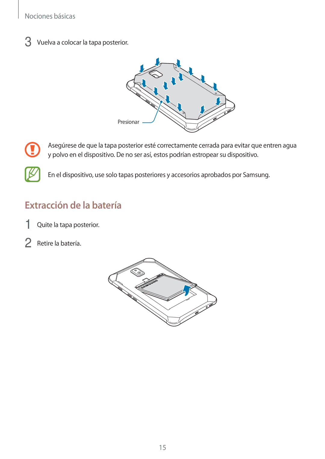 Samsung SM-T390NZKAPHE manual Extracción de la batería, Vuelva a colocar la tapa posterior 