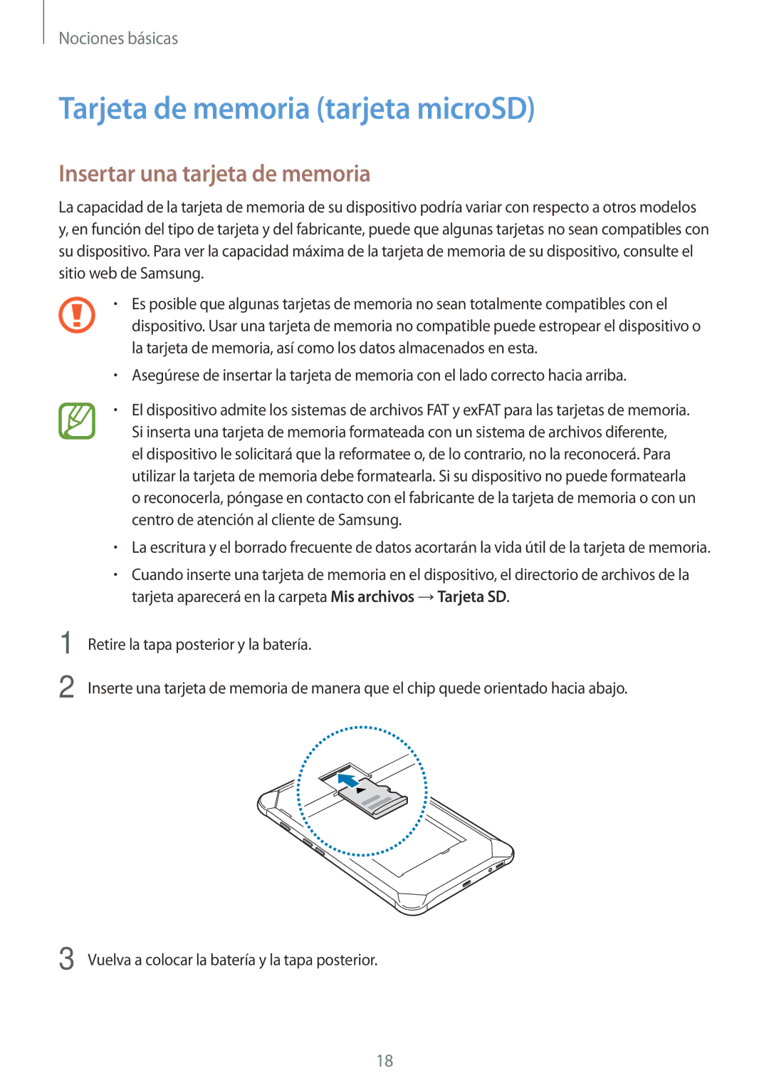 Samsung SM-T390NZKAPHE manual Tarjeta de memoria tarjeta microSD, Insertar una tarjeta de memoria 