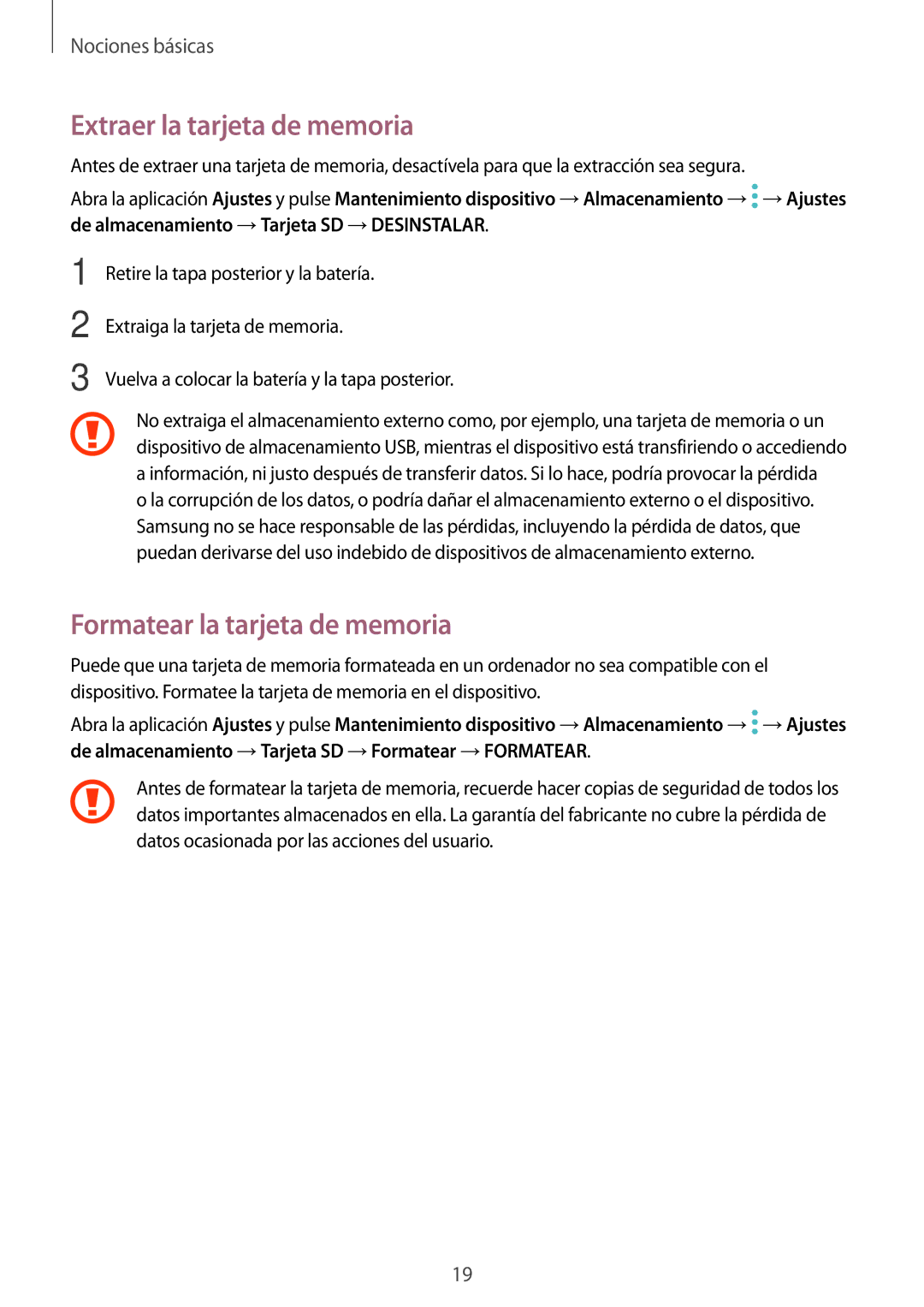 Samsung SM-T390NZKAPHE manual Extraer la tarjeta de memoria, Formatear la tarjeta de memoria 